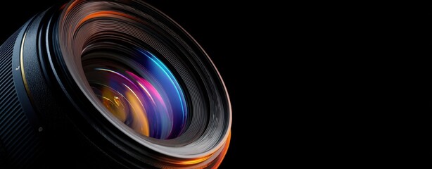The camera lens close up showing colorful reflections and dramatic glossy studio lighting