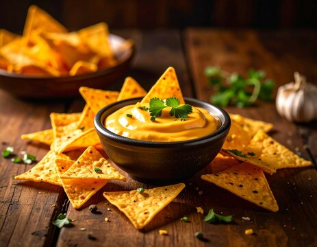 우드 테이블 위의 또띠아 칩과 치즈 딥 Cheese Dip with Tortilla Chips on Rustic Wooden Table