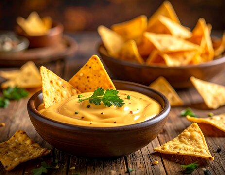 우드 테이블 위의 또띠아 칩과 치즈 딥 Cheese Dip with Tortilla Chips on Rustic Wooden Table