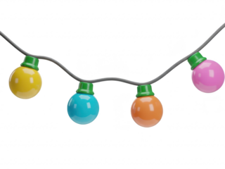 Colorful string lights with bulbs in different colors on a cord isolated on transparent background