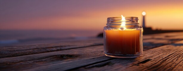 The Candle on a Weathered Wooden Pier at Sunset with Lighthouse in Background