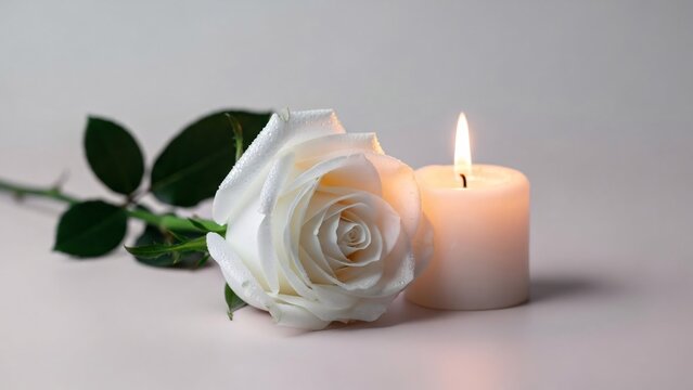 White rose and lit candle on white background for memorial sympathy or condolence