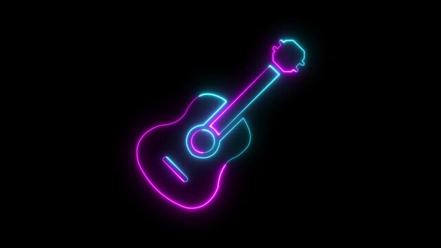 Neon Outline Of An Acoustic Guitar. Glowing neon violin icon isolated on black background vibrant musical symbol instrument sound. Guitar Music Icon Isolated on Black Background, 