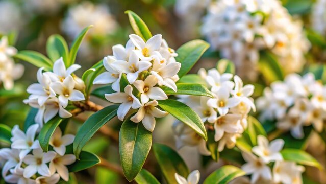 Daphne Odora Bush with Fragrant Flowers in Full Bloom, white flowers, bush,  white flowers