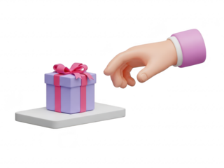 A hand reaching for a gift box on a white platform indoors isolated on transparent background
