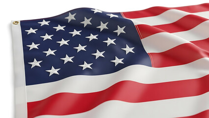 A close-up of the american flag waving and rippling against a clean white background