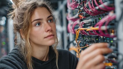 Female IT Technician Adjusting Server Infrastructure Cables
