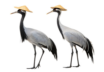 Obraz premium Two elegant cranes wearing traditional Asian conical straw hats side view, isolated on a transparent background