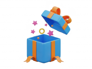 A blue gift box with pink stars and a gold ring on transparent background