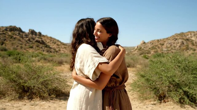 Two women in ancient biblical attire sharing an emotional embrace in a rocky desert landscape. Represents friendship, faith, and reconciliation, suitable for Mary and Elizabeth or Ruth and Naomi.