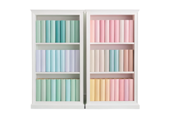 White bookcase filled with pastel pink mint and blue books, isolated on a transparent background