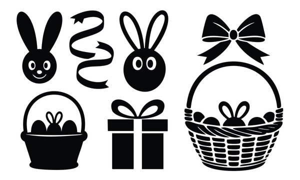 Easter Basket Icons with Rabbits, Decorated Eggs, Gift Box, and Bow in a Flat Black Vector Illustration Set for Holiday Celebrations and Spring