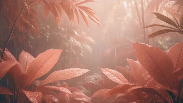 Vivid Coral Rainforest with Rain And Soft Light in Background