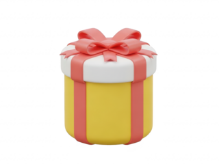 Yellow gift box with pink ribbon and white top isolated on transparent background