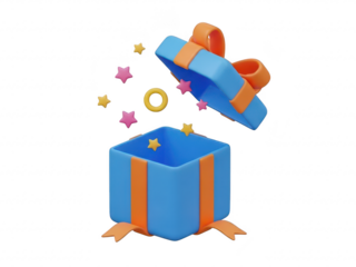 A blue gift box with stars and ribbons popping out isolated on transparent background