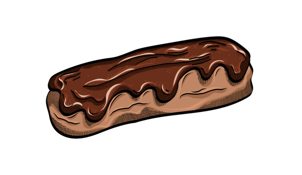 Eclair with chocolate. Hand drawing traditional french dessert. Contemporary minimal art. Sketch illustration, vintage style. Best for package, menu design