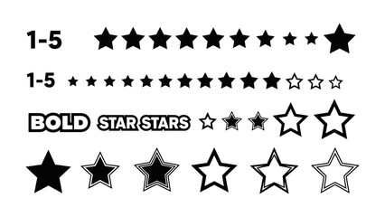 Fototapeta premium Collection of star rating icons in various sizes and styles, symbolizing reviews and feedback, displayed on a clean white background from a straightforward viewpoint.