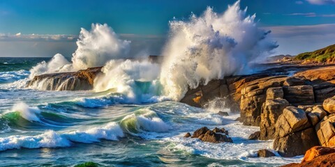 Ocean waves crashing against rocky shoreline with spray flying high into air , force, landscape,  force, landscape, element, stormy, sea