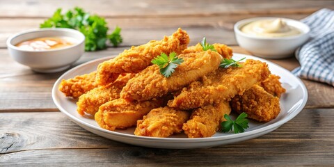 Crispy breaded chicken tenders on a plate,breading