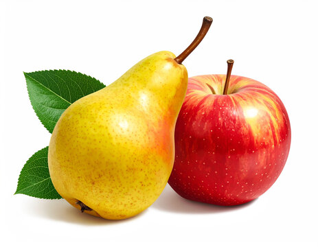 Bright yellow pear with green leaves placed beside a glossy red apple on a white background, highlighting fresh, vibrant, healthy fruit with natural color and texture.