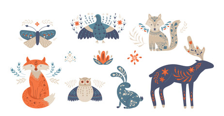 Fototapeta premium Scandinavian folk set featuring forest animals like deer, fox, bunny, birds with floral patterns