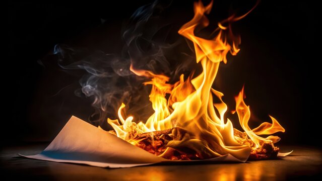 Fiery flames engulf a sheet of paper as it burns slowly in the darkness