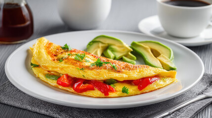 Gourmet Omelette with Avocado and Coffee. A delicious and healthy breakfast featuring a fluffy omelette filled with red peppers and avocado, served with side of sliced avocado and cup of black coffee