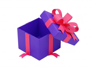 Purple gift box with pink ribbon on transparent background for celebrations
