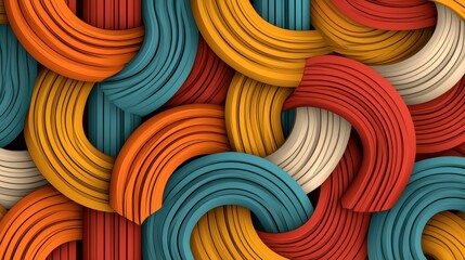 A vibrant, abstract pattern of interlocking curved shapes in red, orange, yellow, teal, and beige, creating a visually dynamic texture.