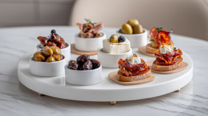 Gourmet appetizer platter with olives, cheese, and cured meats on toast. A sophisticated assortment of small bites featuring briny olives, creamy cheese, savory cured meats atop toasted bread slices