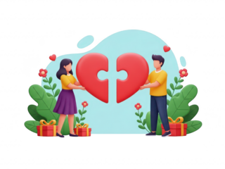 Couple holding a heart shaped puzzle piece together in a romantic gesture isolated on transparent background