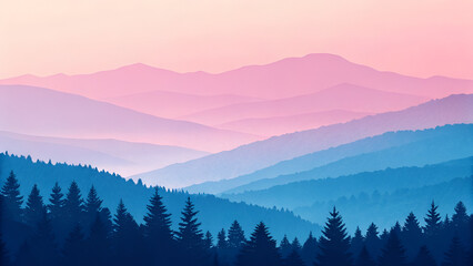 Serene mountain landscape with rolling hills evergreen trees and a gradient sky at sunset blending blue pink and purple hues