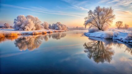 Frosty morning on a tranquil river with crystalline ice covering its surface, reflecting the sky's soft hues , frozen lake, serene landscape