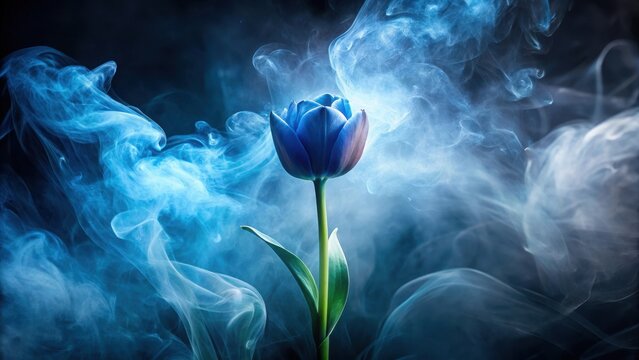 Ethereal blue tulip surrounded by mystical smoke in a dark atmosphere , mystical smoke, ethereal,  mystical smoke