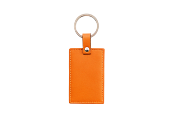 Orange leather rectangular keychain tag with metal ring and snap, isolated on a transparent background
