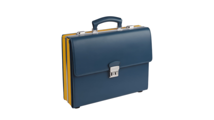 Blue leather briefcase with silver lock and handle professional office equipment business accessory executive bag isolated on transparent white background