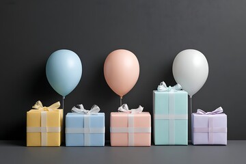 Gift boxes in pastel hues with balloons over smooth black paper background