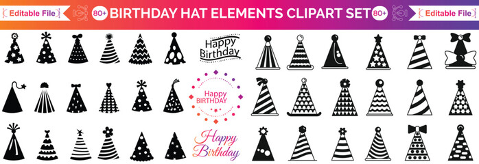 Set of birthday party design elements. Holiday hats, gifts, flags, glasses, confetti, cocktails, balloons and a tape recorder. Birthday party in retro style. © Ragena