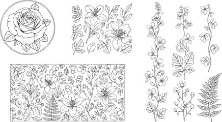 Obraz premium Black and white floral icons featuring rose medallions, fern leaves, and decorative botanical arrangements in geometric frames