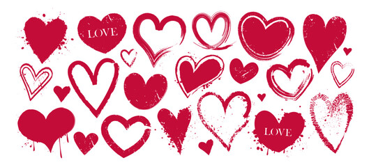 Set of grunge distressed, ink-splattered, and textured hearts and love symbols for Valentines Day