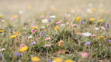 A vibrant field of wildflowers in various colors, creating a beautiful and serene natural landscape.