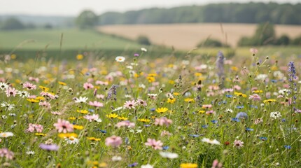 A vibrant field of wildflowers in bloom, showcasing a variety of colors and species against a soft, natural landscape background.