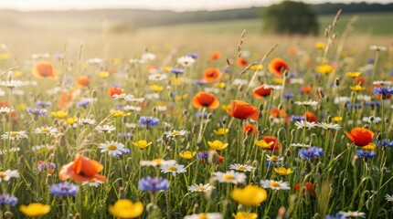 A vibrant field bursting with various wildflowers, showcasing bright colors under soft sunlight, creating a picturesque and serene natural scene.