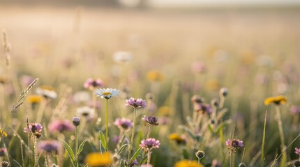 A vibrant wildflower field with various blooms, softly illuminated by sunlight, creating a serene and picturesque landscape.