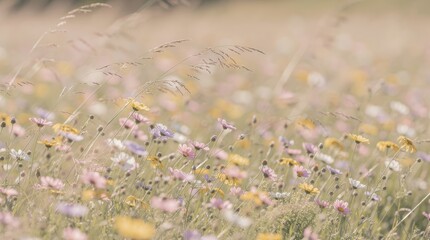A serene field of colorful wildflowers sways gently in the breeze, creating a peaceful and vibrant natural landscape.