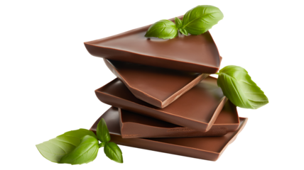 Delicious stacked chocolate pieces with fresh green basil leaves top and around isolated on transparent white background
