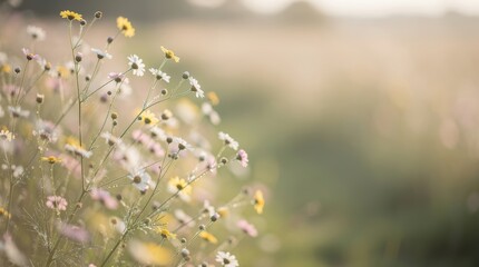 A serene field of wildflowers blooms softly, showcasing delicate petals against a blurred natural background.