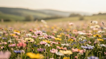 A vibrant field of wildflowers blooms under soft sunlight, showcasing a colorful array of petals against a serene, rolling landscape.