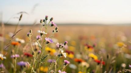 A vibrant field filled with colorful wildflowers, showcasing nature's beauty under a warm, sunny sky.