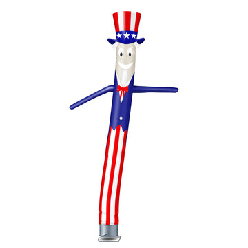Uncle Sam inflatable dancing tube man isolated on white background. Realistic vector illustration. US flag style skydancer wacky puppet. Air dancer for USA patriotic design